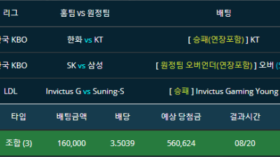 국내야구 한화vs KT kt 승 / 삼성vs SK 원정팀 득점 5.5오버/ 롤 invictus vssuning-s invictus 승 세폴더 적중